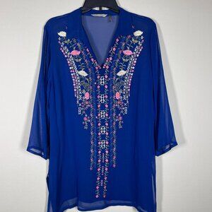 Soft Surroundings Women's 3/4 Sleeve Blue Floral Embroidered Sheer Top Medium!